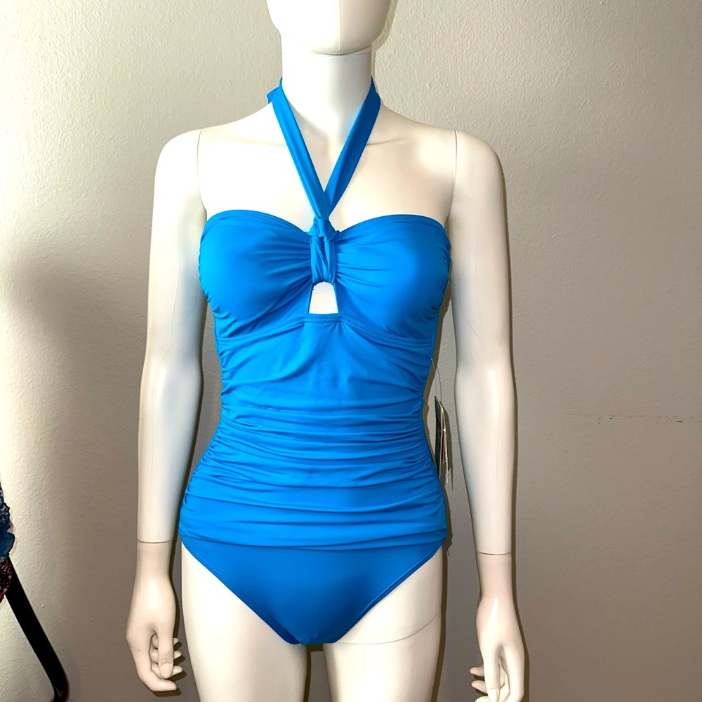 NWT $132 TOMMY BAHAMA PEARL SOLIDS BLUE JEWEL KEYHOLE HALTER ONE PIECE MAILLOT 6